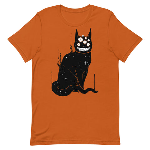 Creepy cute Cheshire Cat graphic on unisex orange t-shirt, soft and eco-friendly, perfect for all genders.