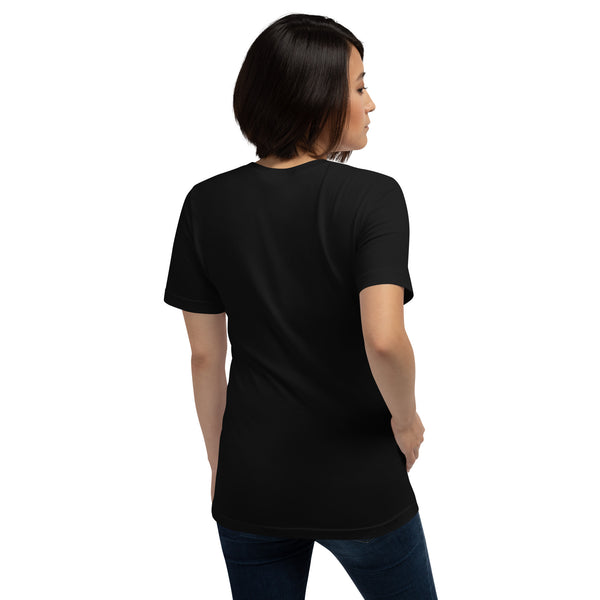 Unisex black t-shirt for goth and witchy fashion, shown on model from the back.