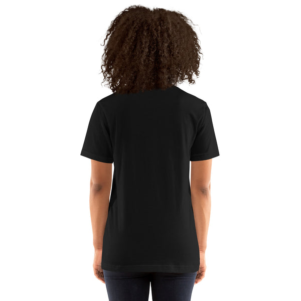 Unisex black t-shirt, shown from the back, worn by individual with curly hair. Comfortable, lightweight fabric. Eco-friendly fashion.