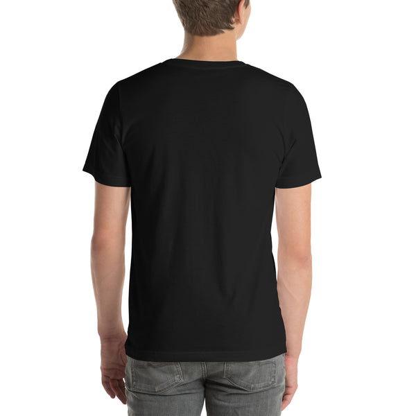 Black unisex t-shirt back view, showcasing its lightweight, comfortable fabric and stylish design.