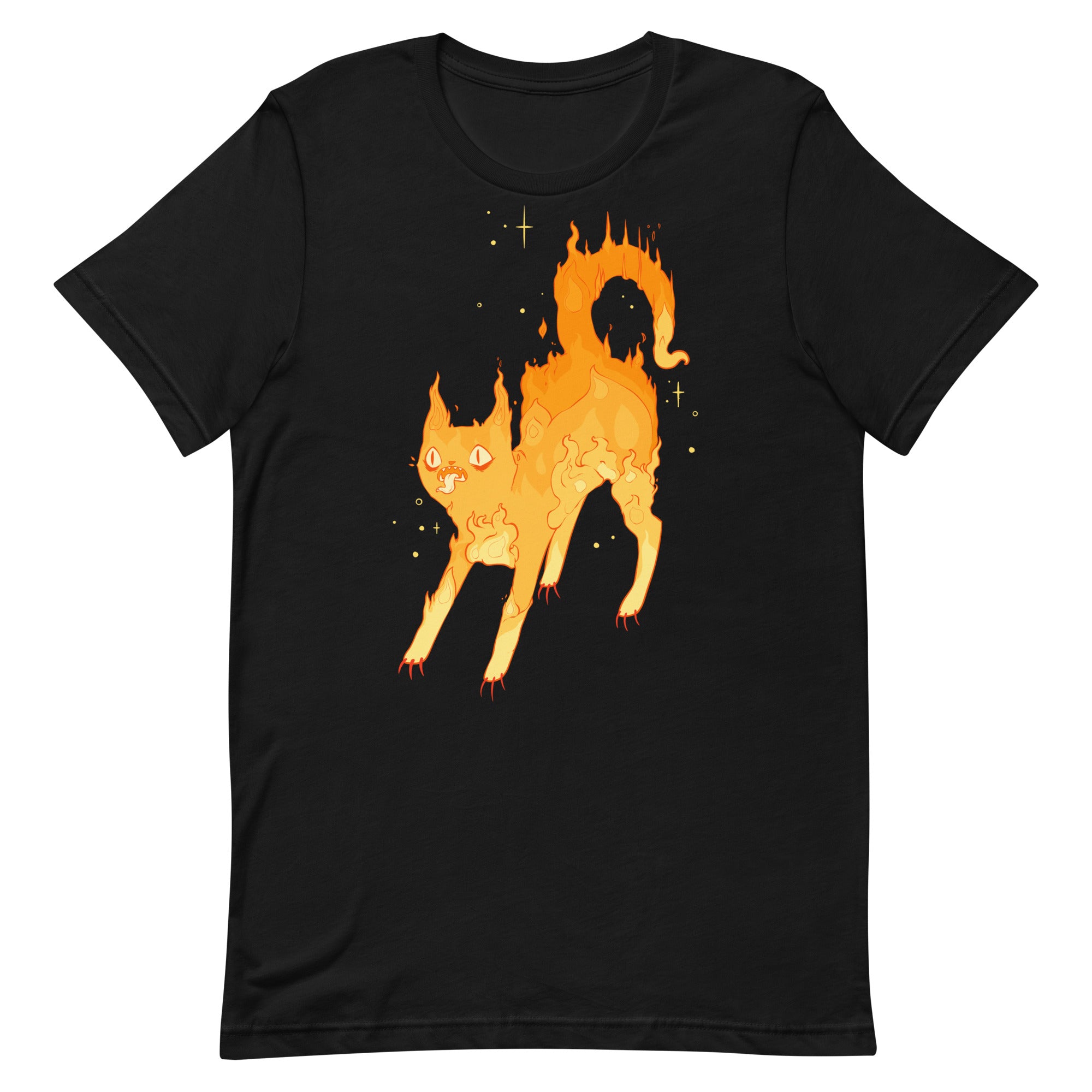 Unisex black t-shirt with original fire cat illustration, perfect for goth, alt, witchy, and gothic styles.