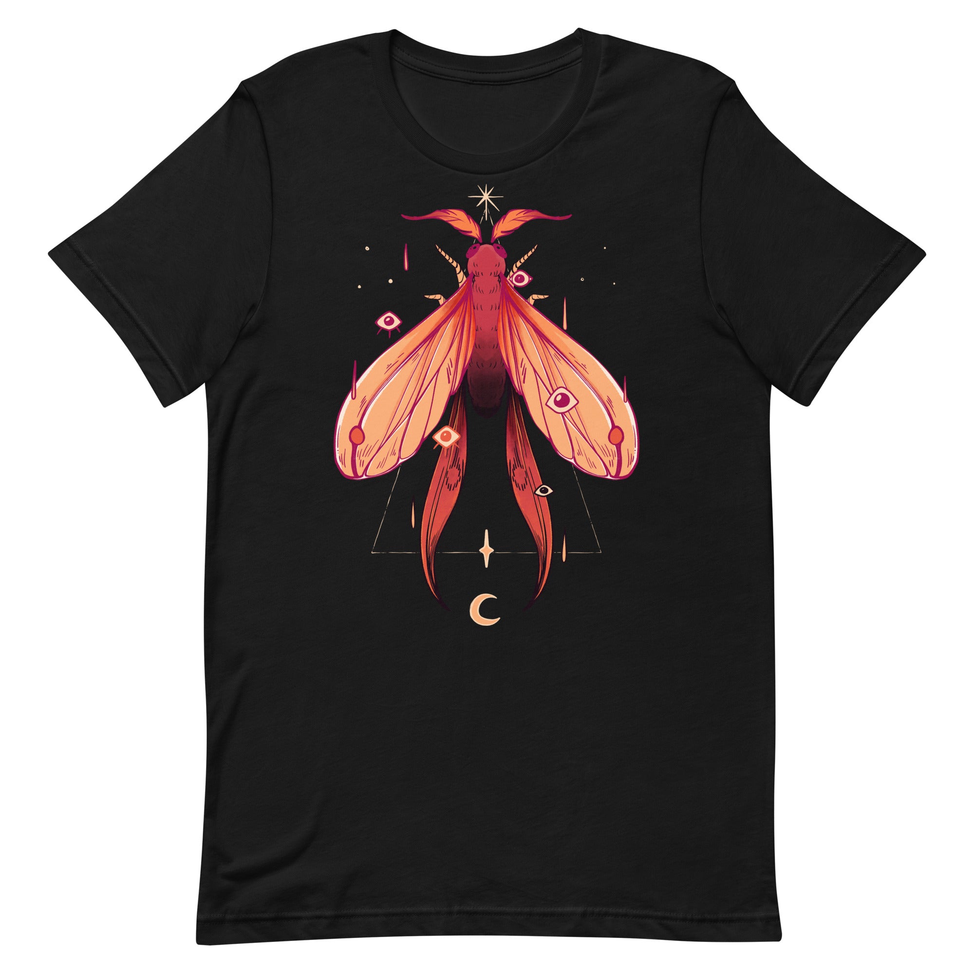 Unisex black t-shirt with original moth illustration, goth, alt, witchy, and eco-friendly, made of 100% combed cotton for men and women.