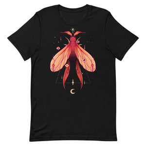 Unisex black t-shirt with original moth illustration, goth, alt, witchy, and eco-friendly, made of 100% combed cotton for men and women.