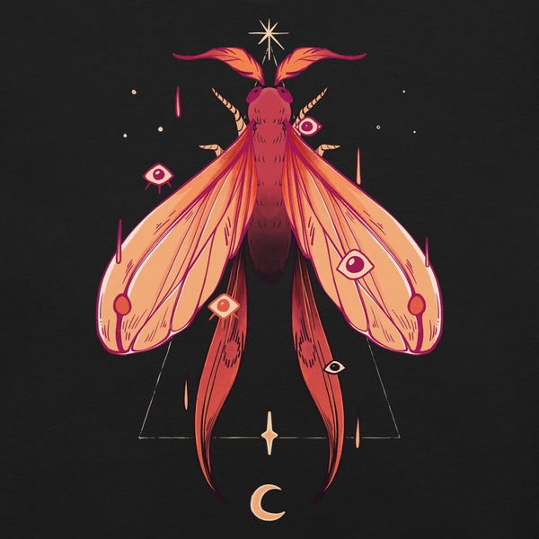 Original moth illustration on a unisex t-shirt. Gothic and witchy design in soft, stretchy cotton fabric, perfect for both men and women.