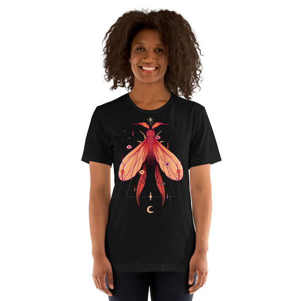 Unisex graphic tee with original moth illustration, perfect for goth, alt, witchy, and gothic styles. Comfortable, eco-friendly cotton shirt.