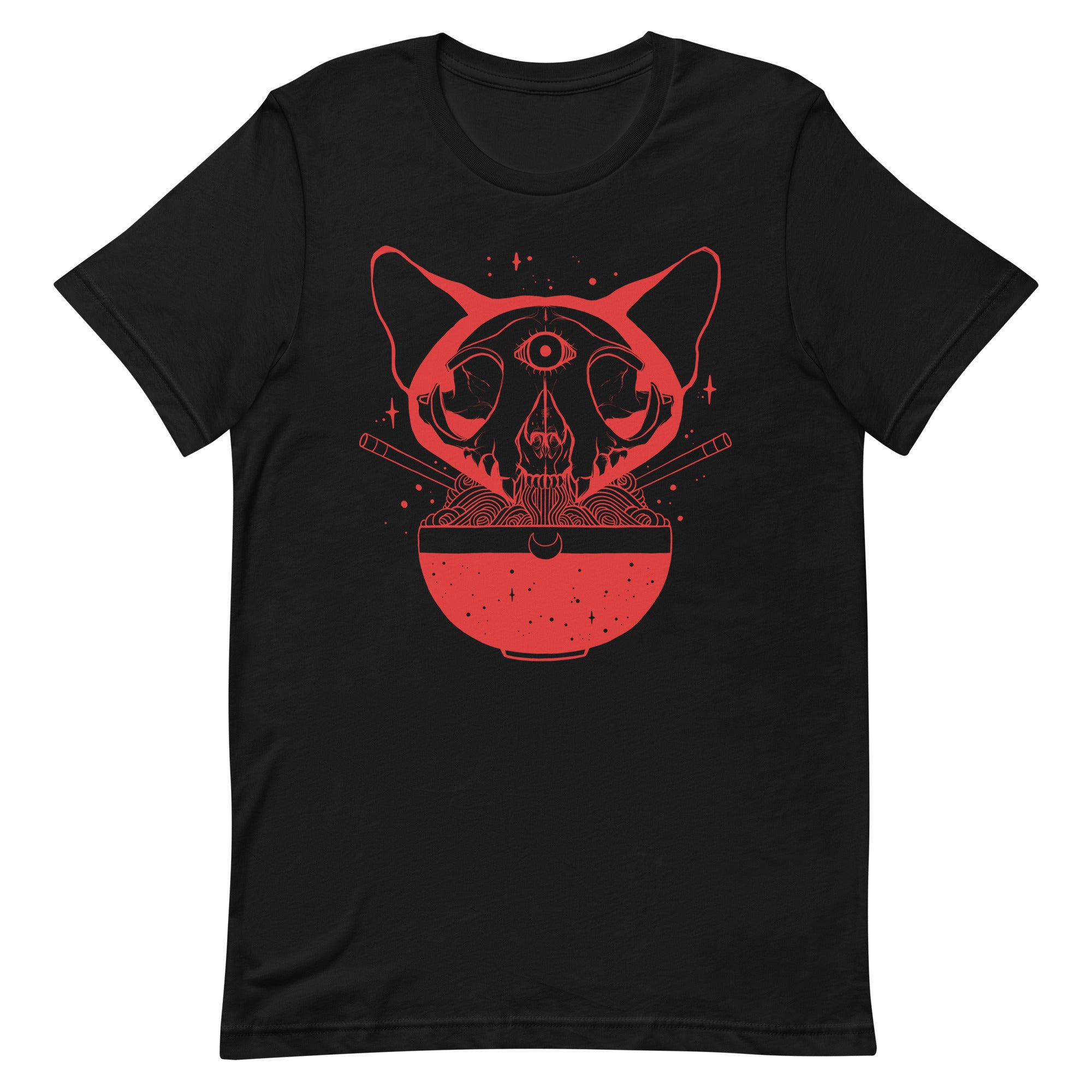 Unisex t-shirt featuring original cat skull eating ramen design, black and red graphic tee, comfortable and eco-friendly.