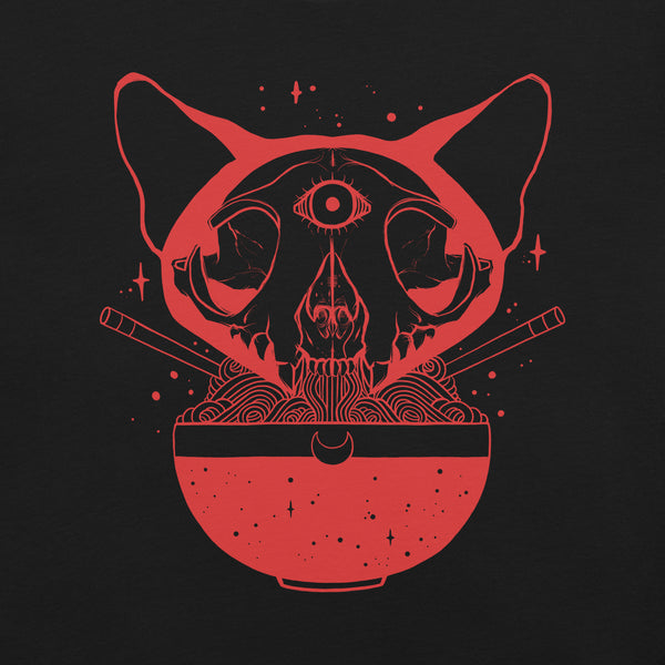 Cat skull ramen artwork on unisex T-shirt, featuring a red design with noodles and chopsticks.