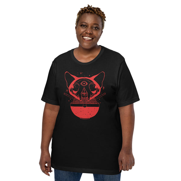 Person wearing a black unisex t-shirt featuring a red cat skull eating ramen design, comfortable and eco-friendly fashion.