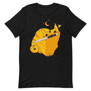 Mean orange cat graphic t-shirt featuring a cat with a switchblade, unisex, eco-friendly fabric, and stylish design.