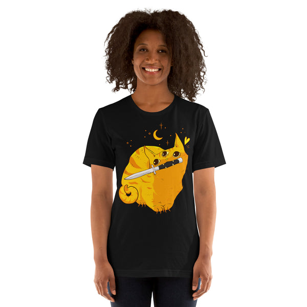 Unisex black t-shirt featuring a mean orange cat with a switchblade and original artwork. Comfortable and eco-friendly.