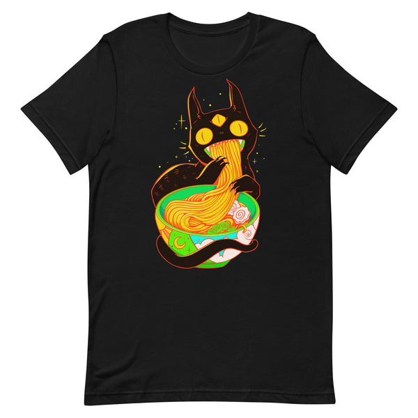 Cute anime black cat graphic t-shirt featuring a cat eating ramen noodles on a black background. Unisex and eco-friendly.