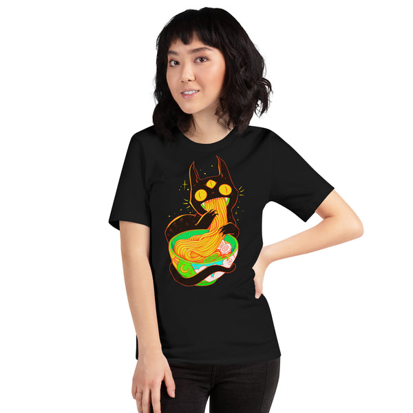 Cute anime-style black cat eating ramen on a unisex t-shirt, perfect for cat lovers and anime fans.