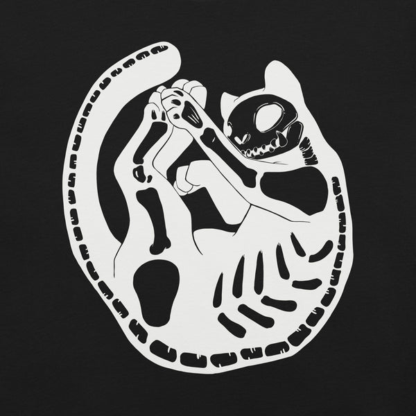 Cat skeleton graphic design on black unisex t-shirt, showcasing original artwork for pet lovers.