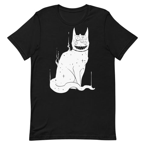 Unisex black t-shirt featuring original artwork of a creepy cute Cheshire Cat illustration.