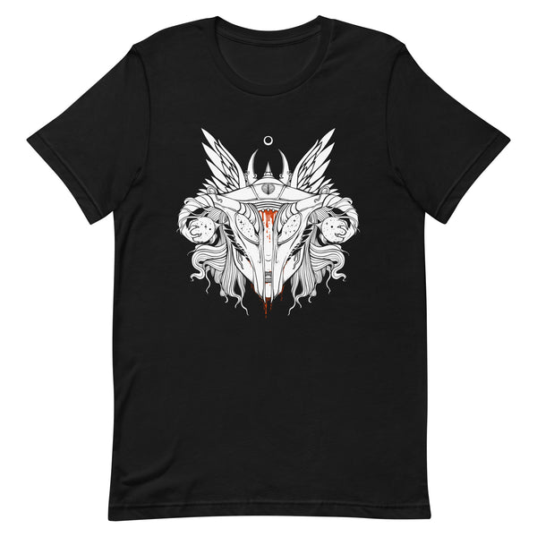 Shield-maiden unisex t-shirt featuring original artwork of a shield-maiden uterus design on a black background.