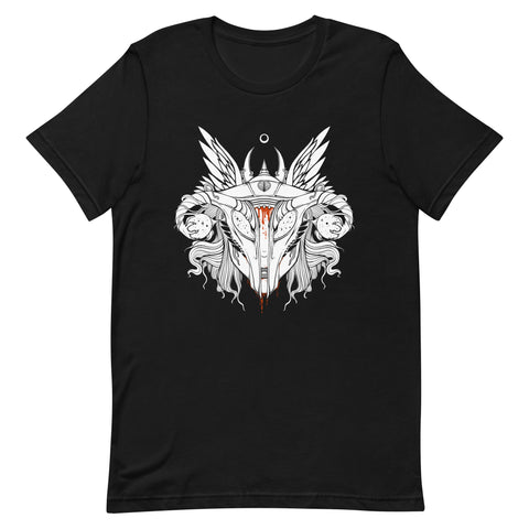 Shield-maiden unisex t-shirt featuring original artwork of a shield-maiden uterus design on a black background.