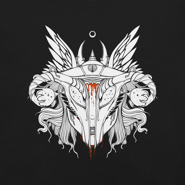 Artwork of a shield-maiden uterus design with wings and blood accents on a black t-shirt.