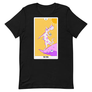 Unisex black t-shirt featuring The Fool tarot card artwork with colorful graphics and playful design.