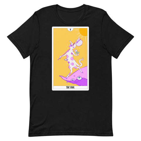 Unisex black t-shirt featuring The Fool tarot card artwork with colorful graphics and playful design.