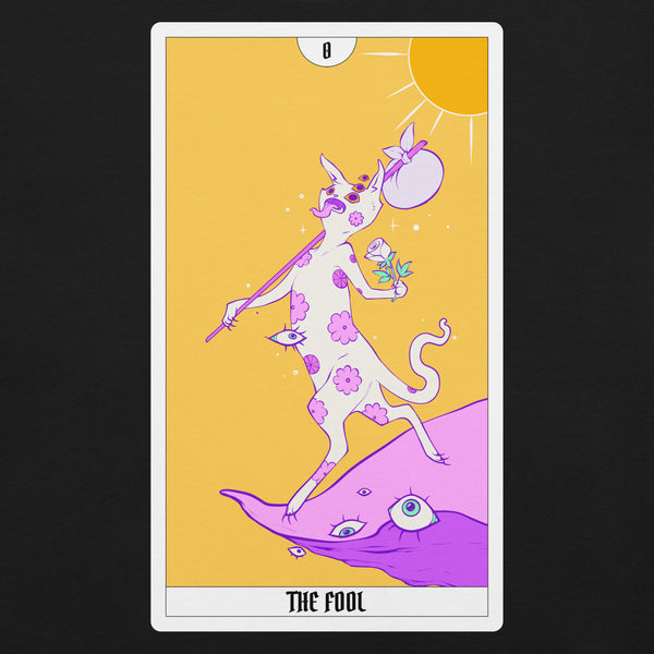 The Fool tarot card artwork featuring a colorful character against a bright yellow background on a t-shirt.