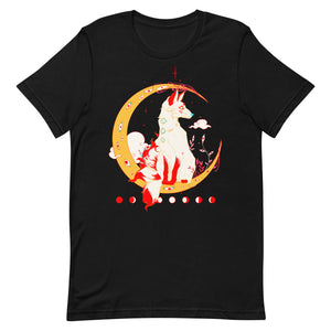 Front view of a black t-shirt featuring a mystical design with a crescent moon, wolf, and celestial elements.