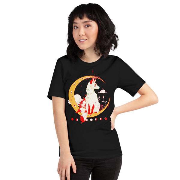 Black t-shirt with a mystical crescent moon and wolf design modeled by another person, highlighting the fit and style.
