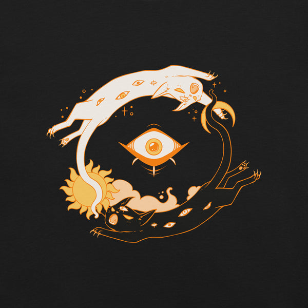 Skoll and Hati as cats graphic design on a black t-shirt, featuring sun and eye motifs in orange.