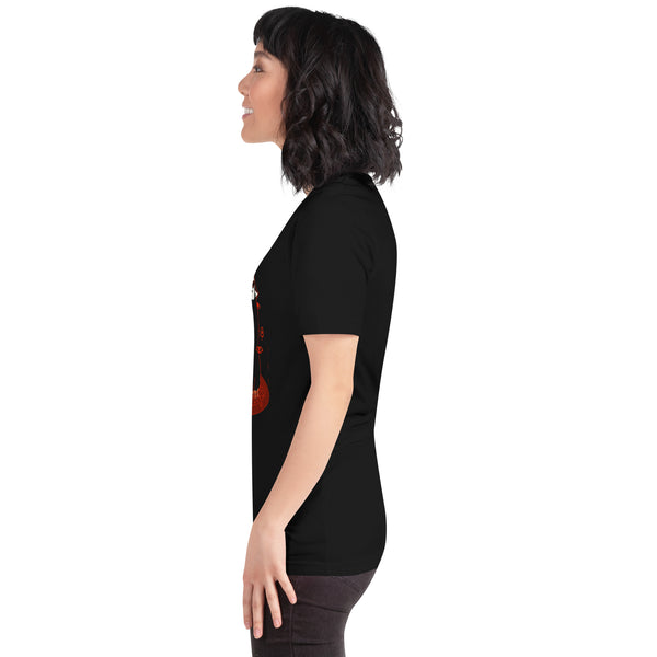 Profile view of unisex Summoning T-shirt featuring creepy cute black demon cat artwork, soft and stretchy cotton.