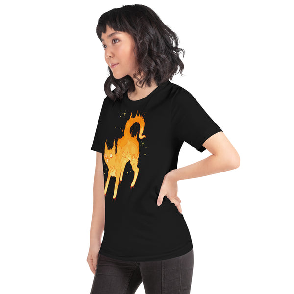 Person wearing a black Fire Cat unisex t-shirt with a witchy, gothic illustration.