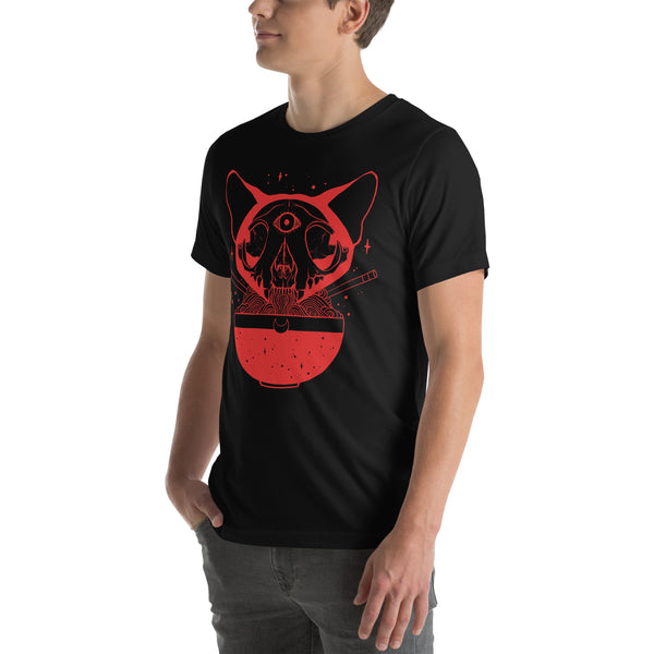 Unisex t-shirt with cat skull ramen design, featuring original artwork in red on black fabric, worn by a model.