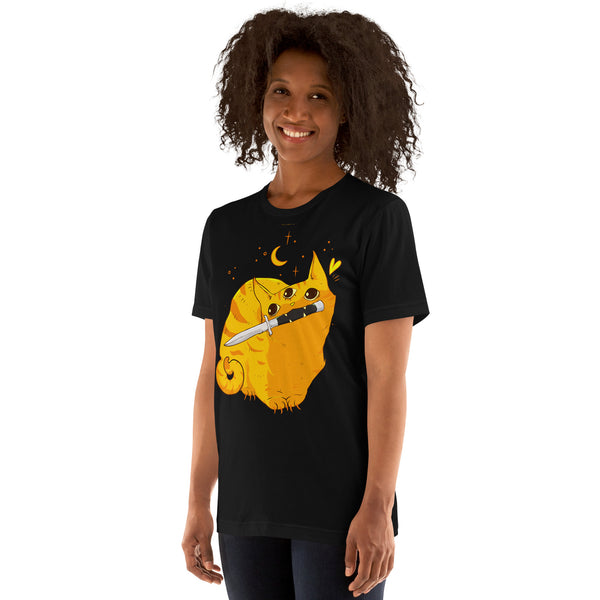 Unisex t-shirt featuring a mean orange cat with a switchblade, soft and comfortable fabric for all genders.