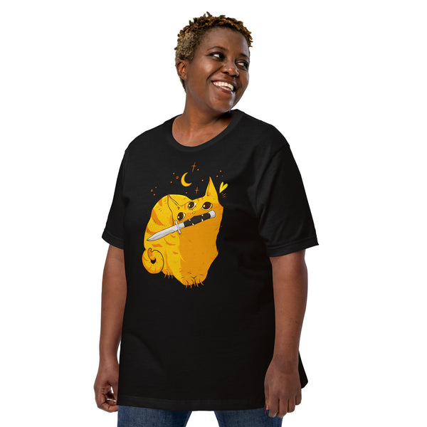 Unisex t-shirt featuring a mean orange cat with a knife, designed for comfort and style, eco-friendly fabric.