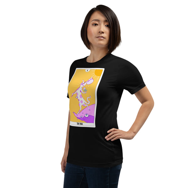 Unisex t-shirt featuring original artwork of The Fool tarot card in vibrant colors on a black background.