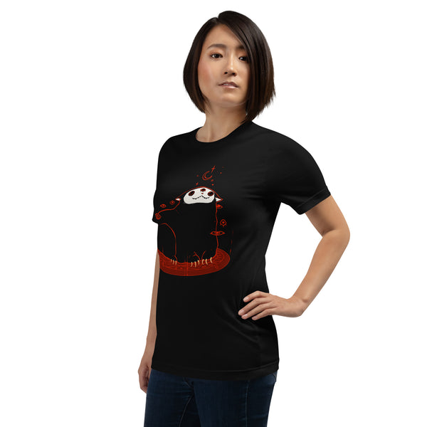 Model wearing a black unisex t-shirt featuring creepy cute demon cat artwork, eco-friendly and comfortable.