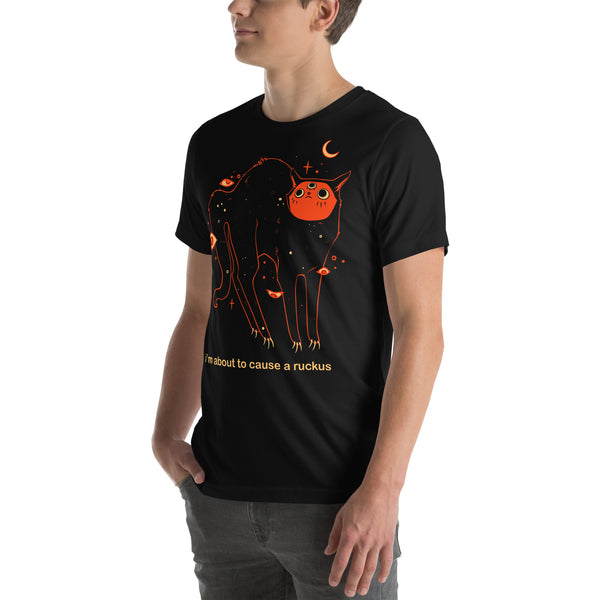 Unisex Orion Ruckus T-Shirt featuring original artwork of a black cat with meme text, soft and stretchy.