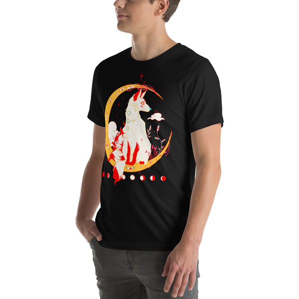 Black t-shirt with a crescent moon and wolf design modeled by a person, showcasing the front fit.
