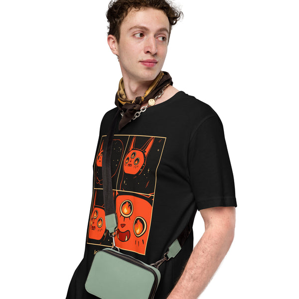 Unisex black t-shirt with colorful graphic design featuring cartoon faces, perfect for casual wear.