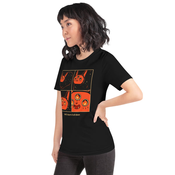 Unisex black t-shirt with original art featuring Orion the cat and meme style text "let's burn it all down".