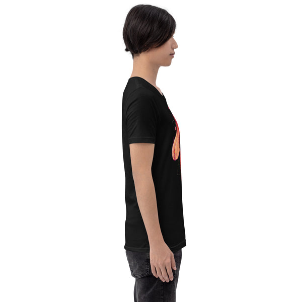 Side view of person wearing black unisex moth graphic tee, goth alt witchy style, eco-friendly and comfortable shirt for men and women