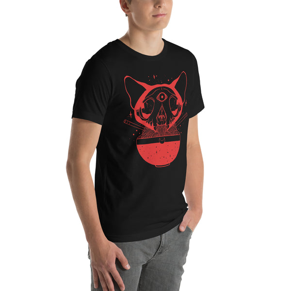 Unisex t-shirt featuring cat skull ramen artwork, black with red design, comfortable fit, eco-friendly and made-to-order.