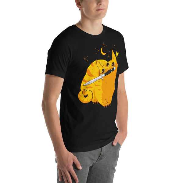 Mean orange cat graphic t-shirt on model, featuring original artwork with a switchblade. Unisex design, eco-friendly.