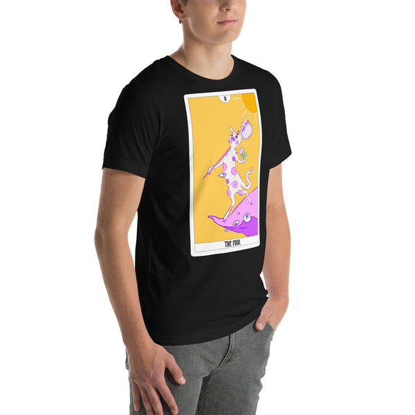 Unisex t-shirt featuring The Fool tarot card artwork, lightweight and comfortable in black.