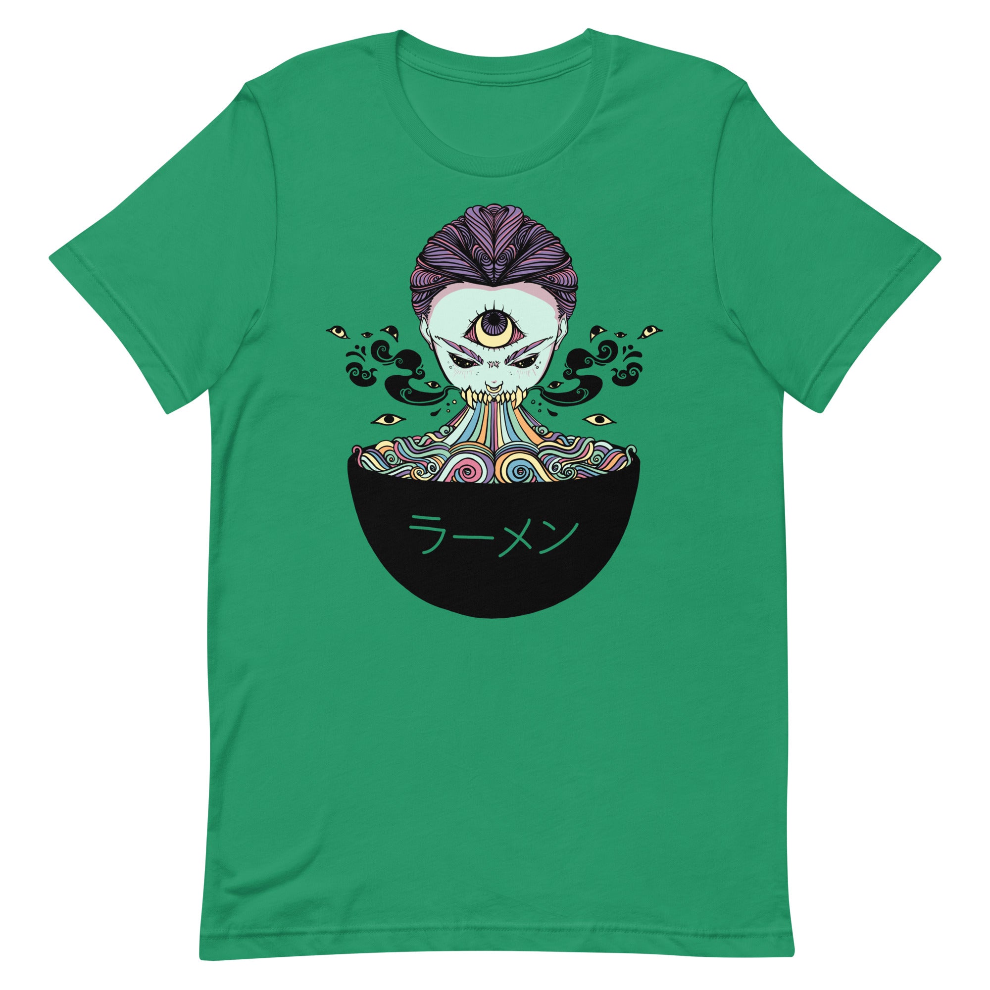 Unisex t-shirt featuring original monster girl eating ramen design, perfect for anime aesthetic, lightweight and soft cotton fabric.