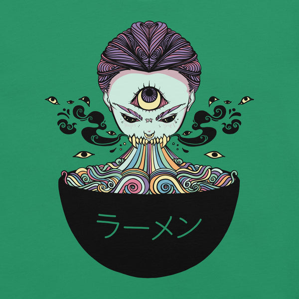 Anime-inspired monster girl eating ramen graphic on a green unisex t-shirt, showcasing a unique alt aesthetic design.