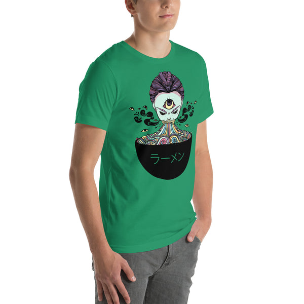 Unisex green t-shirt featuring original artwork of a monster girl eating ramen, perfect for anime or alt aesthetic fans.