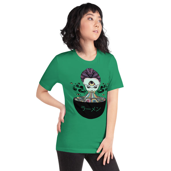 Unisex green t-shirt featuring anime-style monster girl eating ramen design, perfect for alt aesthetic.