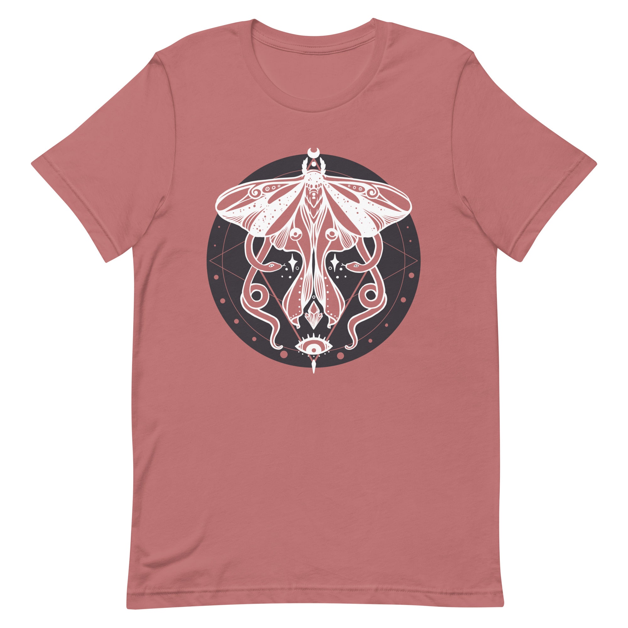 Unisex t-shirt with witchy moth and snake design, eco-friendly, soft cotton, magic-themed graphic tee for men and women.