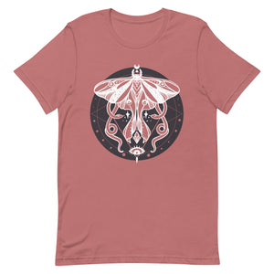 Unisex t-shirt with witchy moth and snake design, eco-friendly, soft cotton, magic-themed graphic tee for men and women.