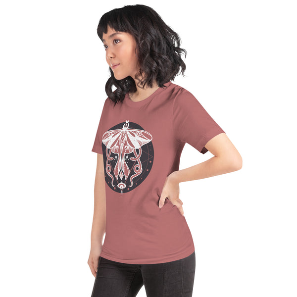 Unisex t-shirt with witchy moth and snakes design, comfortable fit, eco-friendly cotton fabric, model wearing dusty pink color.