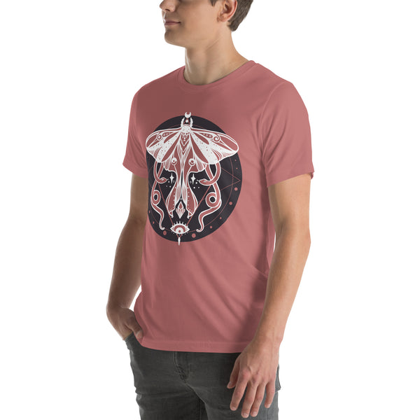 Unisex t-shirt featuring original magic snake moth artwork on a soft, eco-friendly fabric.